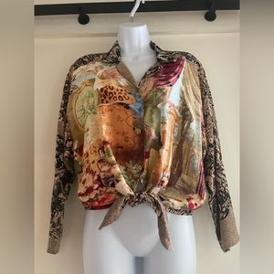 Exquisite colorful print Vintage Carol Little tie at waist blouse .